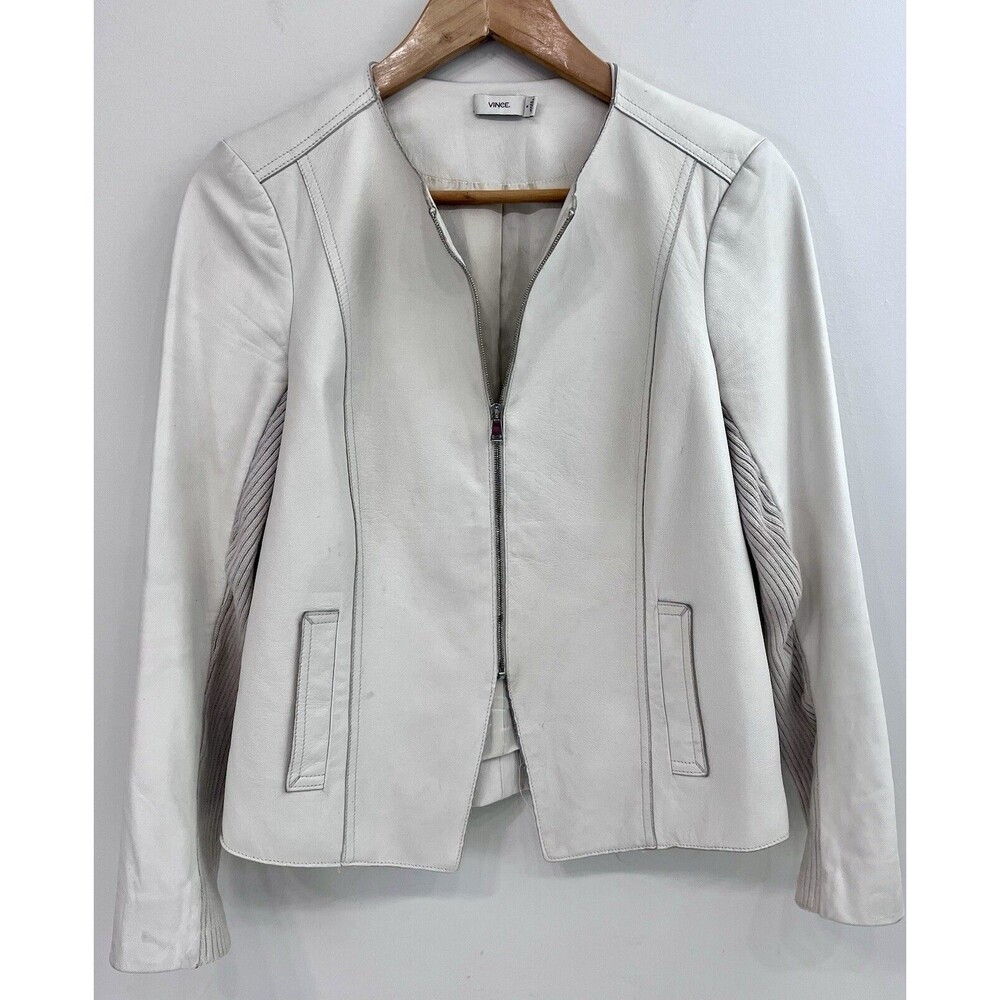 Vince Lamb Leather Zip Collarless Jacket Mix Knit Sleeve Ivory/White Cream Sz 6
